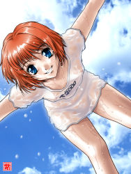 Rule 34 | 1girl, blue eyes, collarbone, covered erect nipples, day, dutch angle, flat chest, groin, kotoe murasaki, nipples, no pants, orange hair, see-through, shirt, short hair, sky, smile, solo, standing, thighs, wet, wet clothes, wet shirt, aged down