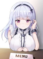 Rule 34 | 1girl, absurdres, anchor choker, azur lane, breast rest, breasts, breasts on table, center frills, clothing cutout, collar, dido (azur lane), feng mao mc, frilled shirt, frills, highres, large breasts, light purple hair, long hair, looking at viewer, maid, menu, metal collar, purple eyes, shirt, smile, solo, underboob, underboob cutout, white shirt