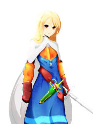 Rule 34 | 1girl, bariten, blonde hair, brown eyes, cape, dagger, female focus, final fantasy, final fantasy tactics, knife, knight, knight (fft), long hair, solo, sword, weapon, white background