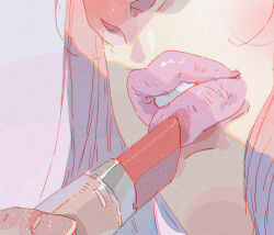 Rule 34 | 1girl, applying makeup, blush, body blush, close-up, commentary, cosmetics, english commentary, fingernails, from below, glitter, holding, holding lipstick tube, lipgloss, lips, lipstick tube, loose hair strand, mouth focus, nose blush, original, parted lips, pastel colors, pink lips, purple background, sidelighting, simple background, solo, xi zhang