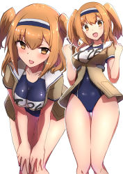 Rule 34 | 1girl, :d, black one-piece swimsuit, blush, breasts, brown eyes, collarbone, comala (komma la), feet out of frame, green jacket, hair between eyes, hairband, highres, i-26 (kancolle), jacket, kantai collection, large breasts, light brown hair, long hair, multiple views, name tag, new school swimsuit, one-piece swimsuit, open mouth, school swimsuit, short sleeves, simple background, smile, swimsuit, two-tone hairband, two side up, white background