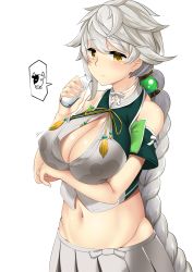 Rule 34 | 10s, 1girl, asymmetrical hair, bare shoulders, bottle, braid, breast hold, breasts, choker, cleavage, cleavage cutout, closed mouth, clothing cutout, cloud print, cowboy shot, detached sleeves, covered erect nipples, expressionless, groin, hair ornament, highres, hitotsuki nebura, kantai collection, large breasts, long hair, looking at viewer, milk bottle, navel, orb, pleated skirt, ribbon, ribbon choker, short sleeves, silver hair, single braid, skirt, solo, spoken animal, stomach, unryuu (kancolle), very long hair, white background, white ribbon, white skirt, yellow eyes