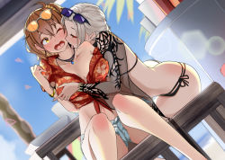 Rule 34 | 2girls, ahoge, ass, blush, breasts, butt crack, carmilla (fate), carmilla (swimsuit rider) (fate), carmilla (swimsuit rider) (third ascension) (fate), cleavage, commission, eyewear on head, fate/grand order, fate (series), floral print, fujimaru ritsuka (female), fujimaru ritsuka (female) (tropical summer), hair ornament, hair scrunchie, hawaiian shirt, highres, large breasts, licking, licking another&#039;s neck, long hair, looking at viewer, medium breasts, monobe yuri, multiple girls, official alternate costume, one side up, open mouth, orange-tinted eyewear, orange eyes, orange hair, red shirt, scrunchie, shirt, short hair, short shorts, shorts, sitting, skeb commission, sunglasses, thighs, tinted eyewear, tropical summer (fate), white hair, white shorts, yuri