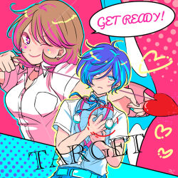 Rule 34 | 1boy, 1girl, aqua nails, belt, blue eyes, blue hair, blue ribbon, blush, bow (weapon), breasts, brown hair, choker, closed mouth, collarbone, collared shirt, commentary request, couple, digital media player, earphones, earrings, english text, facial mark, gekkoukan high school uniform, hands on own chest, headphones, headphones around neck, heart, holding, holding bow (weapon), holding weapon, jewelry, kojikojimaruko, medium breasts, medium hair, nail polish, neck ribbon, one eye closed, persona, persona 3, pink eyes, pink lips, pink nails, pointing, pointing at another, ribbon, school uniform, shirt, short hair, short sleeves, smile, speech bubble, star (symbol), star facial mark, stud earrings, summer uniform, takeba yukari, target, two-tone nails, upper body, weapon, white choker, white shirt, yuuki makoto (persona 3)
