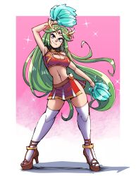 Rule 34 | 1girl, absurdres, bare shoulders, breasts, cheerleader, cleavage, cleavage cutout, clothing cutout, crop top, full body, gingrjoke, green eyes, green hair, high heels, highres, holding, holding pom poms, jewelry, kid icarus, long hair, looking at viewer, midriff, navel, nintendo, palutena, pleated skirt, pom pom (cheerleading), pom poms, skirt, sleeveless, smile, solo, thighhighs, very long hair, white thighhighs