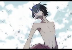 Rule 34 | 10s, 1boy, bad id, bad pixiv id, black hair, blue eyes, blue horns, blue sky, bubble, cloud, commentary request, darling in the franxx, day, fish, fish in mouth, hiro (darling in the franxx), horns, letterboxed, male focus, mii yuu, navel, oni horns, role reversal, short hair, sky, solo, topless male
