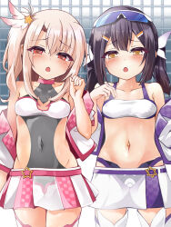 Rule 34 | 2girls, black hair, blush, breasts, brown eyes, covered navel, fate/kaleid liner prisma illya, fate (series), feather hair ornament, feathers, hair ornament, hairclip, highres, illyasviel von einzbern, long hair, long sleeves, looking at viewer, miyu edelfelt, mochi (k620803n), multiple girls, navel, one side up, open mouth, race queen, red eyes, sidelocks, small breasts, twintails, white hair