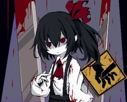 Rule 34 | 1girl, ascot, black hair, black skirt, blood, blood drip, blood splatter, bow, closed mouth, collared shirt, colored skin, commentary request, cookie (touhou), expressionless, flat chest, hair bow, highres, long hair, looking at viewer, pixel art, red ascot, red bow, red eyes, road sign, shaded face, shirt, side ponytail, sign, siyudi (cookie), skirt, solo, sparseseethe, suspender skirt, suspenders, upper body, warning sign, white shirt, white skin