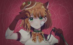Rule 34 | :&lt;, animal ears, bandages, bow, brown gloves, brown vest, cat ears, elbow gloves, food, food-themed clothes, food on head, gloves, green eyes, highres, kemonomimi mode, kimi ga shine, leash, maple (kimi ga shine), object on head, orange bow, pancake, pancake hair ornament, puffy short sleeves, puffy sleeves, short sleeves, syrup, tearing up, uououoon, upper body, vest