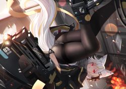 Rule 34 | 1girl, animal ears, ass, black jacket, black pantyhose, fox ears, fox girl, fox tail, gun, gusset, hair ornament, hairclip, highres, jacket, legs up, looking at viewer, mirufuaa, multicolored hair, original, panties, panties under pantyhose, pantyhose, parted lips, red eyes, short hair, solo, streaked hair, tail, thighband pantyhose, thighs, underwear, v-shaped eyebrows, weapon, white hair