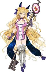 Rule 34 | 1girl, black gloves, blonde hair, bow, breasts, date a live, double bun, dress, full body, gloves, hair between eyes, hair bow, hair bun, holding, holding staff, hoshimiya mukuro, large breasts, long hair, official art, simple background, solo, staff, standing, tachi-e, transparent background, yellow eyes