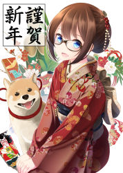 Rule 34 | 1girl, 2018, beads, blue eyes, brown hair, commentary request, dog, flower, glasses, hagoita, hair ornament, hands on own knees, highres, japanese clothes, kimono, looking at viewer, nekobaka, new year, open mouth, original, paddle, solo, translation request, white background