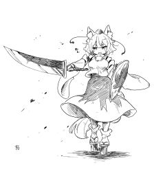 Rule 34 | 1girl, animal ear fluff, animal ears, black skirt, breasts, commentary request, detached sleeves, full body, geta, greyscale, hat, holding, holding shield, holding sword, holding weapon, inubashiri momiji, leaf print, long sleeves, looking at viewer, maple leaf print, medium breasts, monochrome, open mouth, outstretched arm, pom pom (clothes), shield, shirt, short hair, signature, simple background, skirt, socks, solo, sword, tail, tanasuke, tengu-geta, tokin hat, touhou, walking, weapon, white background, white shirt, white socks, wide sleeves, wolf ears, wolf tail