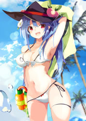 Rule 34 | 1girl, :d, arm up, armpits, bare arms, bare shoulders, bikini, black headwear, blue hair, blue sky, blush, bow, breasts, cloud, collarbone, commentary request, cowboy shot, day, flower, food, fruit, gluteal fold, groin, hair between eyes, hair flower, hair ornament, highres, hinanawi tenshi, holding, holding water gun, leaf, lens flare, looking at viewer, medium breasts, navel, open mouth, outdoors, palm tree, peach, red eyes, side-tie bikini bottom, sky, smile, solo, standing, stomach, swimsuit, tetsurou (fe+), thigh strap, thighs, touhou, towel, tree, water drop, water gun, white bikini, white bow, white flower