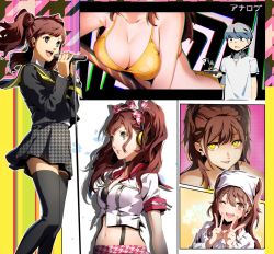 Rule 34 | 1boy, 1girl, bikini, black shirt, black thighhighs, bow, breasts, cleavage, collarbone, collared shirt, controller, crop top, earrings, hair between eyes, hair bow, hands up, headphones, highres, holding, holding microphone, holding remote control, jewelry, kujikawa rise, long hair, looking at viewer, looking to the side, microphone, miniskirt, nakano maru, narukami yuu, navel, parted lips, persona, persona 4, red hair, remote control, school uniform, serafuku, shadow rise, shirt, short hair, short sleeves, skirt, smile, standing, swimsuit, teeth, thighhighs, tongue, tongue out, twintails, upper body, upper teeth only, white shirt, yellow bikini, yellow eyes