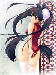 Rule 34 | 00s, 1girl, 2005, ass, black hair, china dress, chinese clothes, covering privates, covering ass, dress, long hair, panties, red eyes, signature, solo, thighhighs, twintails, underwear, very long hair, white panties