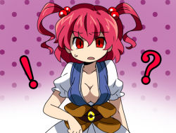 Rule 34 | !?, 1girl, bad id, bad pixiv id, bow, breasts, cleavage, eromame, face, female focus, gradient background, hair bow, medium breasts, onozuka komachi, red eyes, red hair, solo, touhou, twintails, two side up