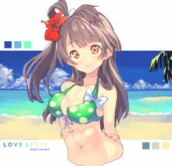 Rule 34 | 10s, 1girl, arms behind back, bare shoulders, beach, bikini, bikini top only, blush, bow, breasts, brown hair, character name, cleavage, copyright name, day, flower, front-tie top, green bikini, hair flower, hair ornament, long hair, looking at viewer, love live!, love live! school idol project, medium breasts, minami kotori, navel, no legs, ocean, polka dot, side ponytail, smile, solo, swimsuit, upper body, yellow eyes, yoo (tabi no shiori)