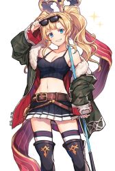 Rule 34 | 1girl, adjusting eyewear, belt, black coat, black footwear, black shirt, black skirt, blonde hair, blue eyes, boots, breasts, brown belt, camisole, cleavage, coat, commentary, crop top, eyewear on head, fur-trimmed coat, fur trim, granblue fantasy, grin, hair intakes, holding, holding polearm, holding weapon, kingyo 114, long hair, long sleeves, looking at viewer, medium breasts, miniskirt, navel, off shoulder, open collar, pleated skirt, polearm, shirt, simple background, single horizontal stripe, skirt, smile, solo, sparkle, standing, sunglasses, thigh boots, thighhighs, twintails, weapon, white background, zeta (dark) (granblue fantasy), zeta (granblue fantasy)