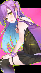 Rule 34 | 1girl, :d, asymmetrical legwear, backpack, bag, bell, black camisole, black choker, black skirt, black thighhighs, blue hair, blush, camisole, choker, feet out of frame, hair ornament, hairclip, highres, hinomori anzu, indie virtual youtuber, jingle bell, long hair, looking at viewer, looking to the side, mismatched legwear, multicolored hair, neck bell, open mouth, outline, pleated skirt, purple hair, purple thighhighs, sitting, skirt, smile, solo, thighhighs, tomozero, two-tone hair, two side up, very long hair, yellow eyes, yellow outline
