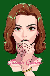 Rule 34 | 1girl, absurdres, brown eyes, brown hair, elizabeth harmon, english text, green background, hand up, highres, looking at viewer, medium hair, okada (hoooojicha), portrait, signature, simple background, solo, the queen&#039;s gambit