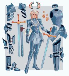 Rule 34 | 1girl, absurdres, armor, bbybluemochi, breastplate, earrings, flower, full body, grey background, hair flower, hair ornament, highres, holding, holding sword, holding weapon, jewelry, knight, long hair, original, scabbard, sheath, signature, sword, weapon, white hair