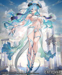 Rule 34 | 1girl, blue eyes, blue hair, breast curtains, breasts, character request, closed mouth, commentary request, evertale, full body, hair between eyes, highres, horns, large breasts, long hair, looking at viewer, navel, pointy ears, sage joh, sideboob, smile, solo, tail, thighs