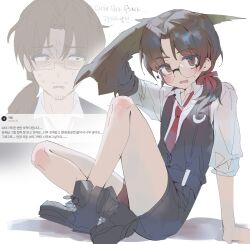 Rule 34 | aged down, arm support, arthropod limbs, belt, black belt, black footwear, black shorts, black vest, blush, boots, brown eyes, brown hair, collared shirt, glasses, gregor (project moon), hair ribbon, highres, korean text, limbus company, long sleeves, looking at viewer, low ponytail, maratang, necktie, project moon, red necktie, red ribbon, ribbon, shirt, shorts, simple background, sitting, sweat, translation request, vest, white background, white shirt, zoom layer