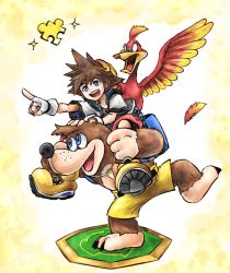 Rule 34 | 1girl, 2boys, angry, animal, backpack, bag, banjo-kazooie, banjo (banjo-kazooie), beak, bear, bird, blue eyes, brown hair, carrying, derivative work, feathers, fingerless gloves, gloves, jewelry, kazooie (banjo-kazooie), kicdon, kingdom hearts, kingdom hearts i, multiple boys, necklace, nintendo, open mouth, parody, piggyback, pointing, puzzle piece, shorts, smile, sora (kingdom hearts), sparkle, spiked hair, super smash bros., teeth, tooth necklace, white gloves, yellow shorts