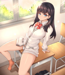 Rule 34 | 1girl, arm support, black hair, black skirt, blue eyes, blush, bow, bowtie, cardigan, chair, classroom, clyde s, collared shirt, day, desk, dress shirt, artistic error, gridman universe, indoors, legs, long hair, long sleeves, looking at viewer, no pants, on desk, orange socks, panties, pleated skirt, red bow, red socks, school chair, school desk, school uniform, shirt, sitting, on desk, skirt, unworn skirt, socks, solo, spread legs, ssss.gridman, sweater, takarada rikka, thighs, underwear, white cardigan, white panties, white shirt, white sweater, window, wooden floor