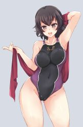 Rule 34 | 10s, 1girl, abenattou, arm behind head, black one-piece swimsuit, breasts, brown hair, caesar (girls und panzer), cameltoe, commentary, competition swimsuit, contrapposto, covered navel, cowboy shot, girls und panzer, gluteal fold, grey background, highleg, highleg swimsuit, highres, holding, holding towel, laurels, looking at viewer, medium breasts, one-piece swimsuit, open mouth, red towel, short hair, simple background, smile, solo, standing, swimsuit, thighs, towel
