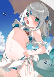 Rule 34 | 1girl, absurdres, beach, bikini, blue eyes, blue hair, blush, commentary, fins, fish tail, gawr gura, highres, hololive, hololive english, looking at viewer, multicolored hair, open mouth, shark tail, sharp teeth, silver hair, solo, streaked hair, swimsuit, tail, takeno omoti, teeth, virtual youtuber