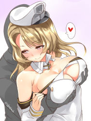 Rule 34 | 1girl, blush, grabbing another&#039;s breast, breasts, brown eyes, corset, detached sleeves, grabbing, hat, headgear, heart, highres, houston (kancolle), kantai collection, large breasts, light brown hair, long hair, medium hair, military, military uniform, naval uniform, peaked cap, solo focus, takase muh, uniform