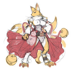 Rule 34 | 1girl, animal ears, blue eyes, breasts, character request, corset, detached sleeves, facial mark, forehead mark, fox ears, fox tail, furry, furry female, gourd, hand on own hip, kitsune, kyuubi, large breasts, long skirt, mel/a, multiple tails, sketch, skirt, solo, tail, topless