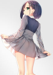 Rule 34 | 10s, 1girl, blue hair, commentary request, darling in the franxx, green eyes, grey background, grey shirt, grey skirt, hair ornament, highres, ichigo (darling in the franxx), long sleeves, looking at viewer, looking back, no panties, parted lips, revision, see-through, shirt, short hair, simple background, skirt, skirt hold, solo, yan (nicknikg)
