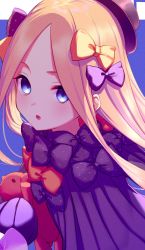 Rule 34 | 1girl, abigail williams (fate), backlighting, bad id, bad twitter id, black bow, black dress, black hat, blonde hair, blue background, blue eyes, blush, bow, bowtie, dress, fate/grand order, fate (series), forehead, glowing, hat, highres, hugging object, kuen (kuennn12), long hair, long sleeves, looking at viewer, mini hat, mini top hat, multiple bows, open mouth, orange bow, orange bowtie, parted bangs, polka dot, polka dot bow, purple bow, purple bowtie, ribbed dress, sleeves past fingers, sleeves past wrists, solo, stuffed animal, stuffed toy, teddy bear, top hat, white background