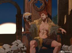 Rule 34 | 1boy, abs, bara, bare pectorals, beard, black shorts, coat, facial hair, feet out of frame, fur coat, holding, holding skull, jinhallz, large pectorals, laurel crown, light smile, male focus, manspreading, muscular, muscular male, mustache, no nipples, open clothes, open coat, original, pectorals, pile of skulls, short hair, shorts, sitting, skull, solo, stomach, throne