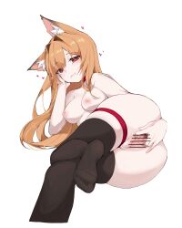 Rule 34 | 1girl, absurdres, animal ear fluff, animal ears, arm support, bar censor, black thighhighs, breasts, censored, commission, fang, fang out, feet, foot out of frame, fox ears, fox girl, head rest, heart, highres, light brown hair, long hair, looking at viewer, medium breasts, mona kkkk, no shoes, nude, orange hair, original, puffy nipples, pussy, red eyes, skin fang, smile, soles, spread pussy, thighhighs, toes