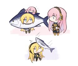 2girls blonde_hair blue_eyes boots chibi headset lily_(vocaloid) long_hair megurine_luka mehyuew39 multiple_girls takoluka thighhighs tuna vocaloid