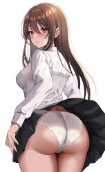 Rule 34 | 1girl, ass, black skirt, blush, bra visible through clothes, breasts, brown hair, closed mouth, commentary request, copyright request, from behind, harimoji, highres, large breasts, long hair, long sleeves, looking at viewer, looking back, official art, panties, red eyes, shirt, simple background, skirt, solo, thighs, underwear, wet, white background, white panties, white shirt