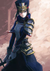 Rule 34 | 1girl, armor, artist request, collarbone, gloves, hat, long hair, looking at viewer, military, military hat, military uniform, morag ladair (xenoblade), pauldrons, reverse trap, short hair, shoulder armor, simple background, smile, solo, uniform, white gloves, xenoblade chronicles (series), xenoblade chronicles 2