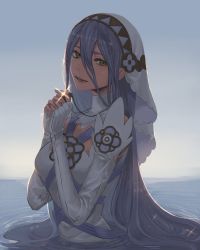 Rule 34 | 1girl, azura (fire emblem), bare shoulders, blue hair, blue ribbon, brown eyes, commentary request, danno gs, detached sleeves, dress, elbow gloves, fingerless gloves, fire emblem, fire emblem fates, gloves, hair between eyes, highres, holding, jewelry, long hair, looking at viewer, nintendo, partially submerged, pendant, ribbon, smile, solo, strapless, strapless dress, teeth, veil, very long hair, water, wet, white dress, white gloves, white headwear, white sleeves, white veil