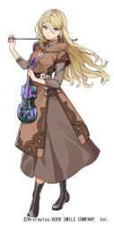 Rule 34 | 1girl, black footwear, blonde hair, boots, bow (music), brown dress, copyright notice, dress, enkiri dion, full body, holding, holding instrument, holding violin, instrument, long hair, macco, purple eyes, simple background, solo, violin, warau ars notoria, white background