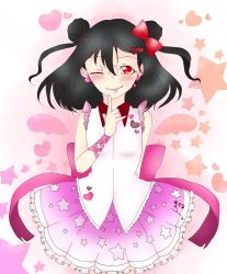 Rule 34 | 1girl, ;), artist name, artist request, back bow, black hair, blush, bow, breasts, collared dress, double bun, dress, earrings, female focus, finger to mouth, flat chest, hair between eyes, hair bow, hair bun, hair ornament, heart, heart earrings, heart hair ornament, jewelry, long hair, looking at viewer, love live!, love live! school idol project, miniskirt, one eye closed, parted lips, pink bow, pink ribbon, pink skirt, plaid, plaid dress, plaid skirt, pleated, pleated dress, pleated skirt, red bow, red eyes, ribbon, short hair, short twintails, skirt, small breasts, smile, solo, star (symbol), star print, twintails, upper body, white dress, wrist ribbon, yazawa nico
