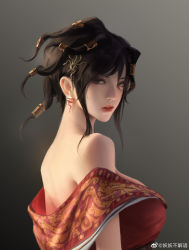Rule 34 | 1girl, absurdres, backlighting, breasts, chi lian (qin shi ming yue), dress, earrings, from side, grey background, hair rings, highres, jewelry, kda a qun, large breasts, looking at viewer, looking to the side, open mouth, qinshi mingyue, red dress, solo, teeth, third-party source, upper body