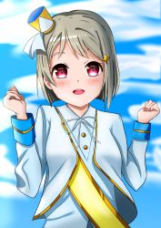 Rule 34 | 1girl, absurdres, artist name, artist request, blue sky, blush, bow, bowtie, breasts, brown hair, buttons, clenched hand, close-up, cloud, collared shirt, cropped jacket, day, dress, dress shirt, female focus, gloves, grey hair, hair ornament, hat, highres, jacket, light brown hair, long sleeves, looking at viewer, love live!, love live! nijigasaki high school idol club, love live! school idol festival, mini hat, nail, nail polish, nakasu kasumi, neck ribbon, nijiiro passion!, nijiiro passions! (love live!), outdoors, parted lips, pink eyes, pink nails, purple eyes, rainbow-colored passions!, ribbon, sash, shako cap, shirt, short hair, sky, sleeve cuffs, small breasts, smile, solo, sparkle hair ornament, upper body, white gloves, white jacket, white ribbon, white shirt, yellow bow, yellow ribbon, yellow sash