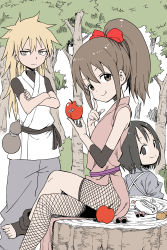 Rule 34 | 10s, 3girls, :t, absurdres, apple, black eyes, black hair, blonde hair, bow, brown hair, closed mouth, commentary request, crossed arms, crossed legs, detached sleeves, eating, finger to own chin, fishnets, food, forest, from side, fruit, gourd, grey eyes, hair bow, highres, hinagiku (kunoichi tsubaki no mune no uchi), holding, kibushi (kunoichi tsubaki no mune no uchi), kunoichi tsubaki no mune no uchi, multiple girls, nature, oniyuri (kunoichi tsubaki no mune no uchi), ponytail, red apple, red bow, sash, short hair, sitting, smile, standing, tree, tree stump, yamamoto souichirou