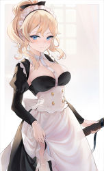 Rule 34 | 1girl, alternate costume, apron, black dress, black ribbon, blonde hair, blue eyes, blush, breasts, closed mouth, clothes lift, collared dress, commentary request, dress, dress lift, emyo, enmaided, frilled apron, frills, genshin impact, hair ribbon, high ponytail, holding, holding sheath, jean (genshin impact), juliet sleeves, lifting own clothes, long hair, long sleeves, maid, maid headdress, medium breasts, ponytail, puffy sleeves, ribbon, sheath, smile, solo, thighhighs, waist apron, white apron, white thighhighs