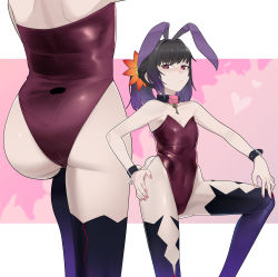 Rule 34 | 1girl, absurdres, animal ears, ass, black hair, blush, braid, choker, collar, fake animal ears, flower, gradient hair, hair flower, hair ornament, heart, highres, leotard, looking at viewer, multicolored hair, nail polish, pink nails, playboy bunny, purple eyes, purple hair, rabbit ears, simple background, solo, strapless, strapless leotard, symonne (tales), tales of (series), tales of zestiria, tranqu color, twintails
