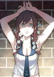 Rule 34 | 1girl, against wall, armpits, arms up, bad id, bad twitter id, blue eyes, braid, breasts, brown hair, cleavage, commentary request, flower, flower on mouth, flower over mouth, hair flower, hair ornament, kantai collection, long hair, looking at viewer, noshiro (kancolle), sailor collar, solo, twin braids, upper body, uyama hajime